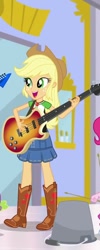 Size: 432x1080 | Tagged: safe, screencap, character:applejack, episode:a fine line, g4, my little pony:equestria girls, bass guitar, boots, clothing, cowboy boots, cowboy hat, cropped, denim skirt, female, geode of super strength, hat, musical instrument, offscreen character, shoes, skirt, smiling, stetson