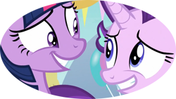 Size: 800x450 | Tagged: safe, screencap, character:starlight glimmer, character:twilight sparkle, character:twilight sparkle (alicorn), species:alicorn, species:pony, species:unicorn, episode:triple threat, g4, my little pony: friendship is magic, awkward, close-up, cropped, looking at each other, ponyville, sheepish grin, smiling