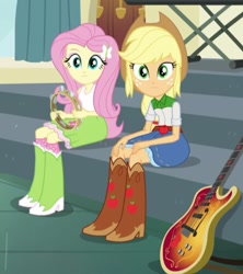 Size: 383x432 | Tagged: safe, screencap, character:applejack, character:fluttershy, equestria girls:rainbow rocks, g4, my little pony:equestria girls, bass guitar, boots, clothing, cowboy boots, cowboy hat, cropped, denim skirt, female, hat, looking at you, musical instrument, shoes, skirt, stetson, tambourine