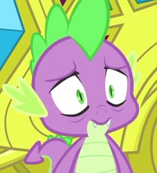 Size: 653x720 | Tagged: safe, screencap, character:spike, species:dragon, episode:inspiration manifestation, g4, my little pony: friendship is magic, bags under eyes, carriage, cropped, fangs, implied rarity, looking at something, male, me irl, solo, tired