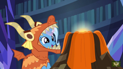 Size: 1280x720 | Tagged: safe, screencap, character:trixie, species:pony, species:unicorn, episode:uncommon bond, g4, my little pony: friendship is magic, board game, cute, diatrixes, dragon costume, dragon pit, female, glowing horn, mare, open mouth