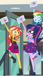 Size: 522x909 | Tagged: safe, screencap, character:rainbow dash, character:sunset shimmer, character:twilight sparkle, character:twilight sparkle (scitwi), species:eqg human, episode:the finals countdown, g4, my little pony:equestria girls, a++, boots, clothing, converse, cropped, egghead, eyes closed, female, geode of empathy, geode of super speed, glasses, grades, high heel boots, how, intelligence, intelligent, jacket, leather jacket, magical geodes, nerd, offscreen character, ponytail, shoes, skirt, smart, socks, success, test