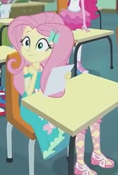 Size: 317x472 | Tagged: safe, screencap, character:fluttershy, my little pony:equestria girls, barrette, clothing, cropped, cute, dress, feet, female, hairpin, hat, sandals, shyabetes, sitting, skirt, smiling, solo focus, test, toes