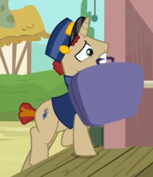 Size: 290x336 | Tagged: safe, screencap, species:pony, species:unicorn, episode:uncommon bond, g4, my little pony: friendship is magic, background pony, cropped, luggage, male, mouth hold, solo, stallion, suitcase