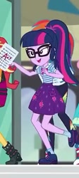 Size: 257x573 | Tagged: safe, screencap, character:fluttershy, character:rainbow dash, character:sunset shimmer, character:twilight sparkle, character:twilight sparkle (scitwi), species:eqg human, episode:the finals countdown, g4, my little pony:equestria girls, a++, clothing, converse, cropped, female, glasses, grades, ponytail, shoes, skirt, smiling, socks