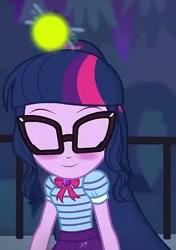 Size: 432x615 | Tagged: safe, screencap, character:twilight sparkle, character:twilight sparkle (scitwi), species:eqg human, episode:star crossed, g4, my little pony:equestria girls, blushing, clothing, cropped, eyes closed, female, firefly, geode of telekinesis, glasses, ponytail, skirt, solo