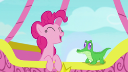 Size: 1280x720 | Tagged: safe, screencap, character:gummy, character:pinkie pie, species:pony, episode:not asking for trouble, g4, my little pony: friendship is magic, hot air balloon, snow, twinkling balloon