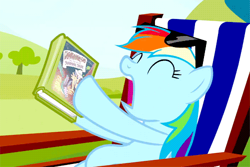Size: 500x334 | Tagged: safe, screencap, character:daring do, character:rainbow dash, episode:too many pinkie pies, g4, my little pony: friendship is magic, animated, beach chair, book, cropped, solo, sunglasses, yawn