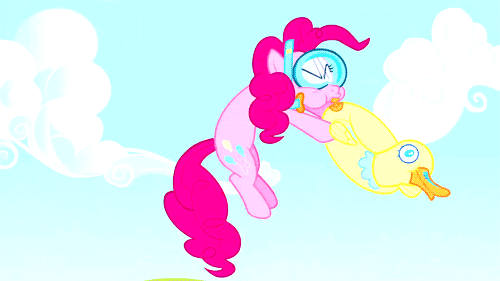 Size: 500x281 | Tagged: safe, screencap, character:pinkie pie, species:duck, species:earth pony, species:pony, episode:too many pinkie pies, g4, my little pony: friendship is magic, animated, blowing, female, floaty, goggles, mare, pool toy, snorkel, solo, swimming goggles
