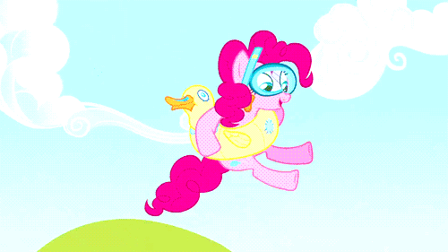 Size: 500x281 | Tagged: safe, screencap, character:pinkie pie, species:duck, species:earth pony, species:pony, episode:too many pinkie pies, g4, my little pony: friendship is magic, animated, female, floaty, goggles, inner tube, mare, pool toy, snorkel, solo, splash, swimming goggles, water