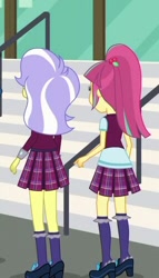 Size: 286x501 | Tagged: safe, screencap, character:sour sweet, character:upper crust, equestria girls:friendship games, g4, my little pony:equestria girls, clothing, cropped, crystal prep academy uniform, female, high heels, pleated skirt, ponytail, rear view, school uniform, shoes, skirt, socks