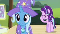 Size: 1280x720 | Tagged: safe, screencap, character:starlight glimmer, character:trixie, episode:uncommon bond, g4, my little pony: friendship is magic, card, card trick, cute, deck of cards, duo, facehoof, implied sunburst, magic trick, offscreen character, playing card