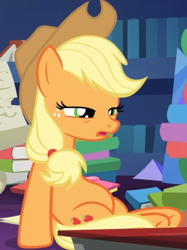 Size: 510x681 | Tagged: safe, screencap, character:applejack, episode:shadow play, g4, my little pony: friendship is magic, applejack's hat, book, clothing, cowboy hat, hat, solo, tired, twilight's castle