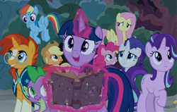 Size: 2161x1376 | Tagged: safe, screencap, character:applejack, character:fluttershy, character:pinkie pie, character:rainbow dash, character:rarity, character:spike, character:starlight glimmer, character:sunburst, character:twilight sparkle, character:twilight sparkle (alicorn), species:alicorn, species:dragon, species:earth pony, species:pegasus, species:pony, species:unicorn, episode:shadow play, g4, my little pony: friendship is magic, book, female, glasses, magic, magic aura, mane six, mare, smiling, starswirl's book, telekinesis, worried