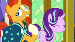 Size: 1280x720 | Tagged: safe, screencap, character:starlight glimmer, character:sunburst, species:pony, species:unicorn, episode:shadow play, g4, my little pony: friendship is magic, duo, smiling