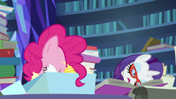 Size: 1920x1080 | Tagged: safe, screencap, character:pinkie pie, character:rarity, episode:shadow play, g4, my little pony: friendship is magic, asleep on the job, book, sleeping