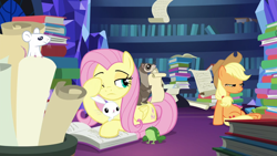 Size: 1920x1080 | Tagged: safe, screencap, character:angel bunny, character:applejack, character:fluttershy, episode:shadow play, g4, my little pony: friendship is magic, book, ferret, half asleep, mouse, scroll, toad