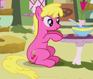 Size: 310x266 | Tagged: safe, screencap, character:cherry berry, species:earth pony, species:pony, episode:too many pinkie pies, g4, my little pony: friendship is magic, animated, bowl, cropped, female, mare, sitting, solo