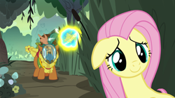 Size: 1920x1080 | Tagged: safe, screencap, character:cattail, character:fluttershy, species:earth pony, species:pegasus, species:pony, episode:shadow play, g4, my little pony: friendship is magic, c:, cute, female, flash bee, floppy ears, healer's mask, magic, male, mare, mask, smiling, stallion