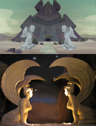 Size: 1024x1344 | Tagged: safe, screencap, species:sphinx, episode:shadow play, g4, my little pony: friendship is magic, desert, pyramid, somnambula (location), statue, the neverending story