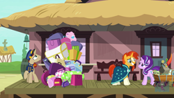 Size: 2208x1242 | Tagged: safe, screencap, character:starlight glimmer, character:sunburst, episode:uncommon bond, g4, my little pony: friendship is magic, grin, luggage, nervous, nervous grin, smiling, train station