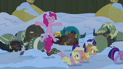 Size: 1280x720 | Tagged: safe, screencap, character:applejack, character:fluttershy, character:pinkie pie, character:prince rutherford, character:rarity, character:twilight sparkle, character:twilight sparkle (alicorn), species:alicorn, species:pony, species:yak, episode:not asking for trouble, g4, my little pony: friendship is magic, sleeping
