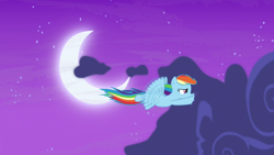 Size: 1280x720 | Tagged: safe, screencap, character:rainbow dash, species:pony, episode:not asking for trouble, g4, my little pony: friendship is magic, cloud, flying, moon, night