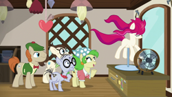 Size: 1280x720 | Tagged: safe, screencap, character:gizmo, character:mr. waddle, species:earth pony, species:pony, episode:it isn't the mane thing about you, g4, my little pony: friendship is magic, bow tie, clothing, elderly, fan, female, glasses, hat, liver spots, male, mannequin, mare, mr breezy, ponyquin, quartet, stallion, windswept mane