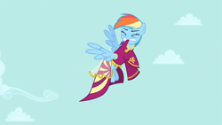 Size: 1920x1080 | Tagged: safe, screencap, character:rainbow dash, species:pegasus, species:pony, episode:inspiration manifestation, g4, my little pony: friendship is magic, clothing, cloud, dress, female, flying, mare, mouth hold, outfit catalog, rainbow dash always dresses in style, solo