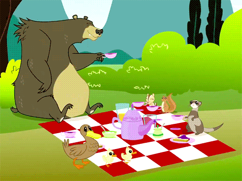 Size: 500x374 | Tagged: safe, screencap, character:harry, species:bird, species:duck, episode:too many pinkie pies, g4, my little pony: friendship is magic, animal, animated, bear, bread, chipmunk, cropped, cup, duckling, ferret, food, picnic blanket, squirrel, teacup, teapot, toast