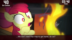 Size: 854x480 | Tagged: safe, screencap, character:apple bloom, species:pony, episode:somepony to watch over me, g4, my little pony: friendship is magic, cinemare sins, female, filly, fire, flame geyser