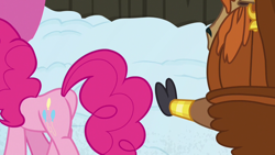 Size: 1280x720 | Tagged: safe, screencap, character:pinkie pie, character:prince rutherford, species:pony, species:yak, episode:not asking for trouble, g4, my little pony: friendship is magic, cloven hooves, female, out of context, plot, snow
