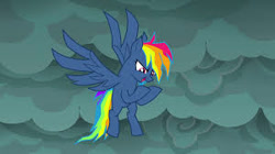 Size: 300x168 | Tagged: safe, screencap, character:evil pie hater dash, character:rainbow dash, species:pegasus, species:pony, episode:secrets and pies, g4, my little pony: friendship is magic, female, flying, solo, stormcloud