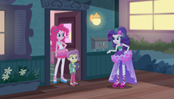 Size: 1898x1080 | Tagged: safe, screencap, character:pinkie pie, character:rarity, episode:pinkie sitting, g4, my little pony:equestria girls, clothing, dress, geode of sugar bombs, lily pad (equestria girls), young