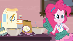 Size: 1366x768 | Tagged: safe, screencap, character:pinkie pie, episode:pinkie sitting, g4, my little pony:equestria girls, cooking, female, flour, geode of sugar bombs, solo