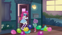 Size: 1366x768 | Tagged: safe, screencap, character:pinkie pie, episode:pinkie sitting, g4, my little pony:equestria girls, balloon, clothing, converse, lily pad (equestria girls), shoes, young