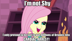 Size: 1280x720 | Tagged: safe, screencap, character:fluttershy, episode:a fine line, g4, my little pony:equestria girls, daimando is going to hell, fluttershy's revenge, image macro, imminent heart attack, meme, pure unfiltered evil