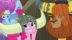 Size: 1280x720 | Tagged: safe, screencap, character:pinkie pie, character:prince rutherford, character:rainbow dash, species:pony, species:yak, episode:not asking for trouble, g4, my little pony: friendship is magic, helmet, honorary yak horns, horned helmet, viking helmet