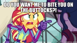 Size: 600x337 | Tagged: safe, screencap, character:sunset shimmer, character:twilight sparkle, character:twilight sparkle (scitwi), species:eqg human, equestria girls:friendship games, g4, my little pony:equestria girls, angry, exploitable meme, image macro, meme, my gym partners a monkey, sunset yells at twilight