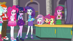 Size: 1280x720 | Tagged: safe, screencap, character:apple bloom, character:cheerilee, character:lyra heartstrings, character:pinkie pie, character:rarity, character:scootaloo, character:sweetie belle, character:twilight sparkle, character:twilight sparkle (scitwi), species:eqg human, species:pegasus, species:pony, episode:school of rock, g4, my little pony:equestria girls, background human, clothing, cutie mark crusaders, female, geode of shielding, geode of sugar bombs, geode of telekinesis, male, pantyhose