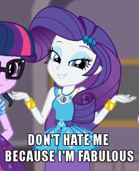 Size: 408x501 | Tagged: safe, screencap, character:rarity, character:twilight sparkle, character:twilight sparkle (scitwi), species:eqg human, episode:school of rock, g4, my little pony:equestria girls, cropped, fabulous, geode of shielding, image macro, meme, shrug