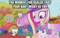 Size: 1105x706 | Tagged: safe, screencap, character:princess cadance, character:princess flurry heart, species:alicorn, species:pony, episode:once upon a zeppelin, g4, my little pony: friendship is magic, :t, evil, evil flurry heart, female, foal, frown, image macro, levitation, magic, mare, meme, open mouth, smiling, spread wings, telekinesis, wide eyes, wings