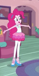 Size: 321x618 | Tagged: safe, screencap, character:pinkie pie, episode:pinkie sitting, g4, my little pony:equestria girls, clothing, cropped, female, geode of sugar bombs, hairband, pantyhose, shoes, skirt, smiling, solo