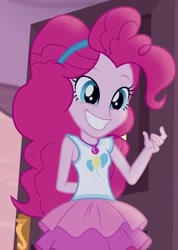Size: 514x720 | Tagged: safe, screencap, character:pinkie pie, episode:pinkie sitting, g4, my little pony:equestria girls, clothing, cropped, cute, female, geode of sugar bombs, hairband, skirt, smiling