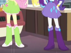 Size: 2048x1536 | Tagged: safe, screencap, character:fluttershy, character:rarity, episode:hamstocalypse now, equestria girls:rainbow rocks, g4, my little pony:equestria girls, backpack, belt, boots, bracelet, butterfly, clothing, hand on hip, jewelry, legs, pictures of legs, shoes, skirt, socks