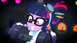 Size: 1280x720 | Tagged: safe, screencap, character:twilight sparkle, character:twilight sparkle (scitwi), species:eqg human, episode:mad twience, eqg summertime shorts, g4, my little pony:equestria girls, clothing, female, glasses, goggles, laboratory, messy hair, plug, solo