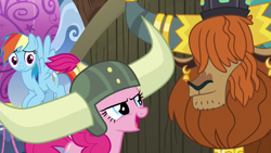 Size: 1280x720 | Tagged: safe, screencap, character:pinkie pie, character:prince rutherford, character:rainbow dash, species:pony, species:yak, episode:not asking for trouble, g4, my little pony: friendship is magic, helmet, honorary yak horns, horned helmet, viking helmet