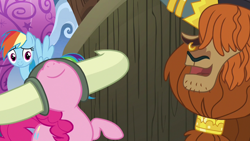 Size: 1280x720 | Tagged: safe, screencap, character:pinkie pie, character:prince rutherford, character:rainbow dash, species:pony, species:yak, episode:not asking for trouble, g4, my little pony: friendship is magic, helmet, honorary yak horns, horned helmet, nose in the air, viking helmet