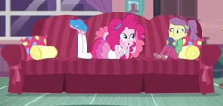 Size: 1018x483 | Tagged: safe, screencap, character:pinkie pie, episode:pinkie sitting, g4, my little pony:equestria girls, clothing, couch, cropped, female, geode of sugar bombs, i need an adult, lily pad (equestria girls), out of context, pantyhose, young