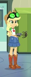 Size: 289x717 | Tagged: safe, screencap, character:applejack, episode:queen of clubs, g4, my little pony:equestria girls, applejack's hat, boots, canterlot high, clothing, cowboy boots, cowboy hat, cropped, denim skirt, female, freckles, geode of super strength, goggles, grappling hook, hat, magical geodes, night vision goggles, shoes, skirt, stetson